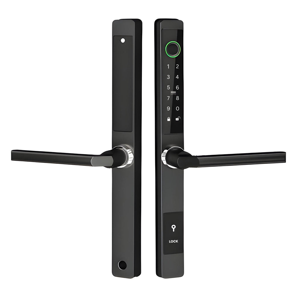 Smart Door Lock Thin in Black on a sliding glass door
