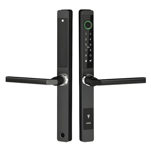 Smart Door Lock Thin in Black on a sliding glass door