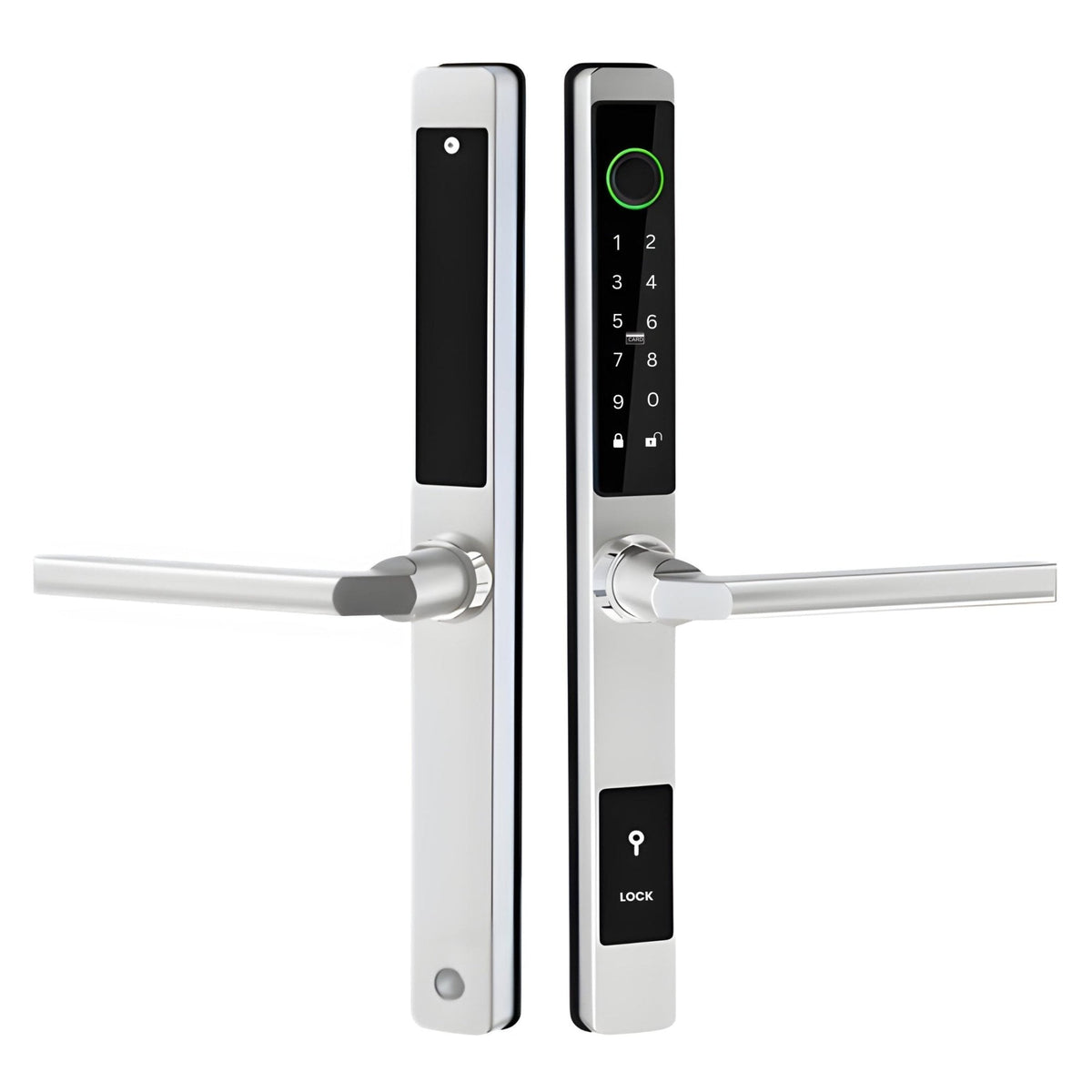 Smart Door Lock Thin in Silver on a sliding glass door